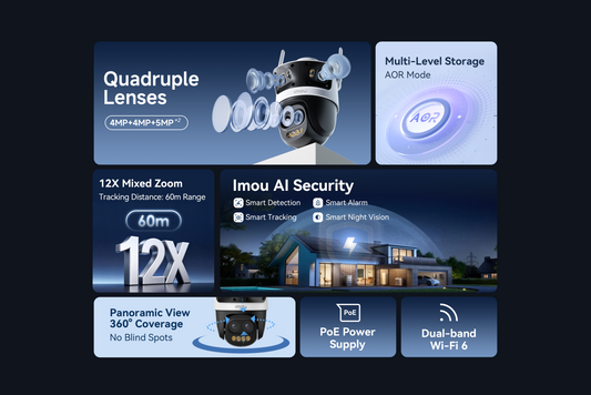 IPC-S76DN-13M0N. Cámara PT IMOU 5 MP + Cámara Panorámica doble lente de 4 MP cada una, Audio bidireccional, Seguimiento inteligente, Detección de Humanos y vehículos, Sirena y Luces Disuasivas.