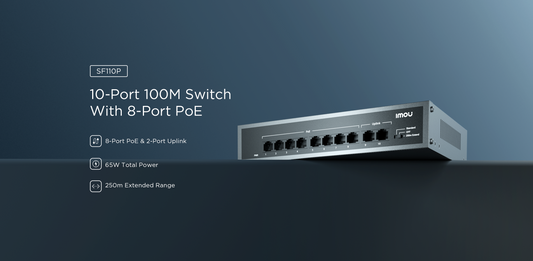 SF110P. Switch PoE IMOU, 8 puertos 10/100M y 2 puertos Uplink 10/100M, Total de potencia 65W, Soporta distancia hasta 250M